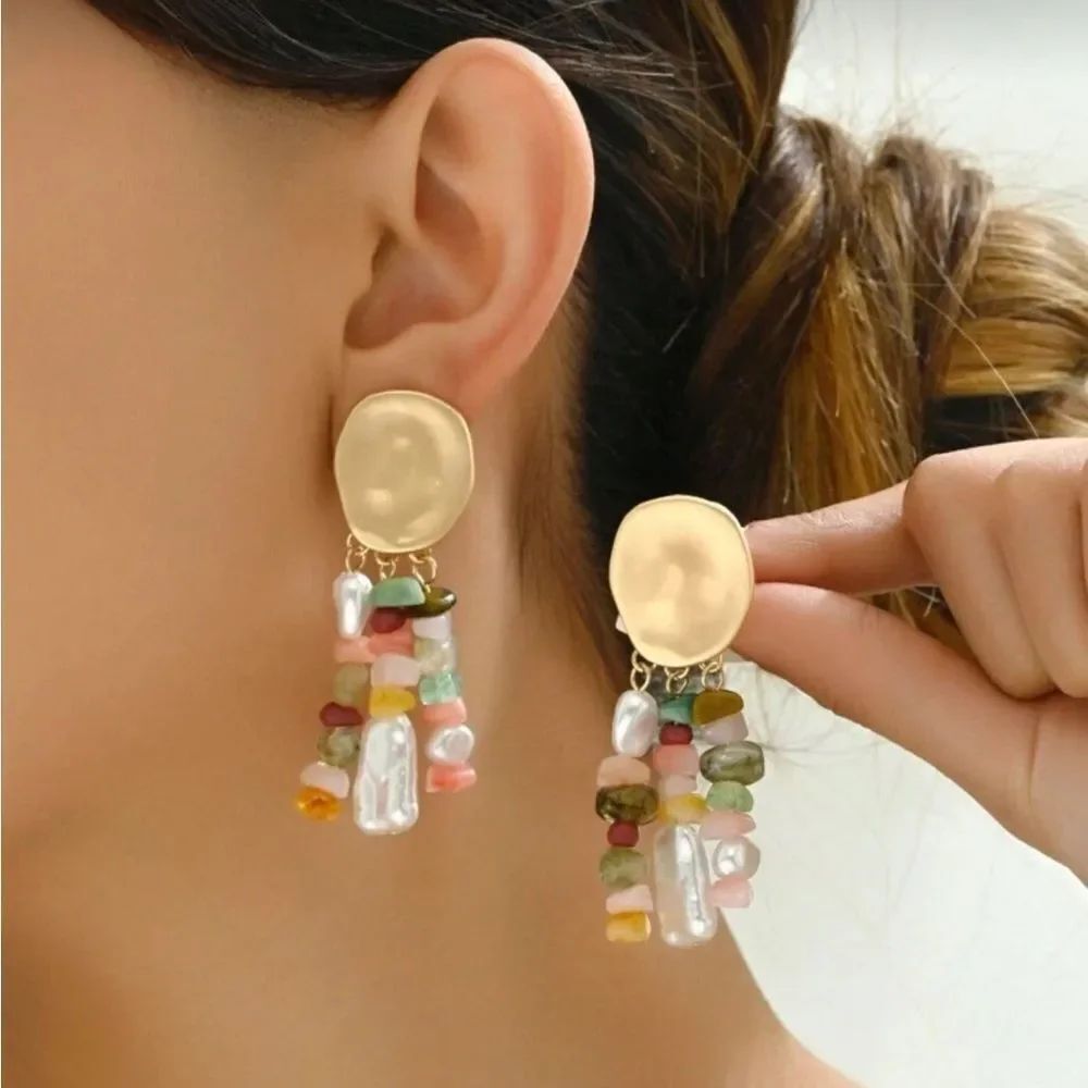 Gold Disc Multi-Stone Dangle Earrings - Women Jewelry R359